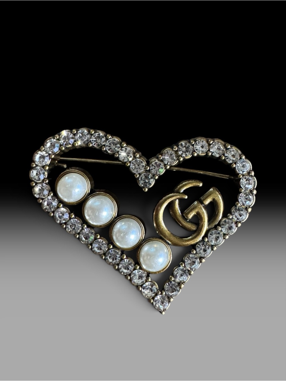 Heart Crystal and Pearl-Accent Brooch in Gold Tone